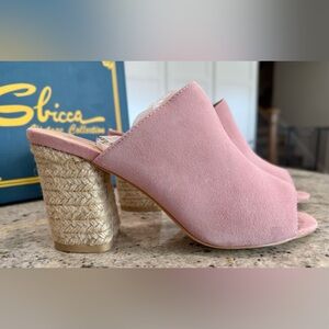 Sbicca Blush Suede Mules with Woven Heel Sandal NIB